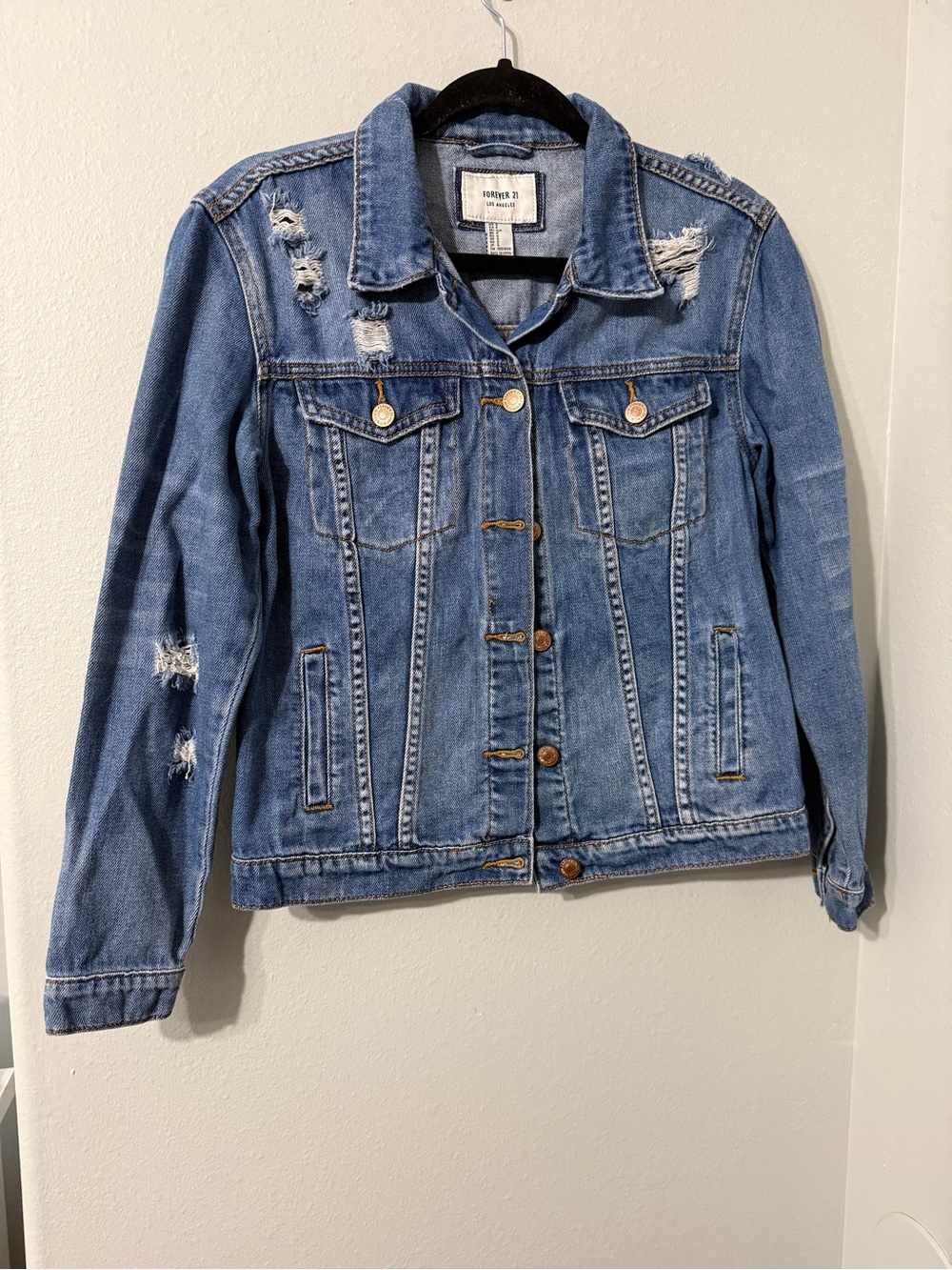 Embroidered Forever 21 Distressed Blue Denim Jean Jacket Cotton Size S